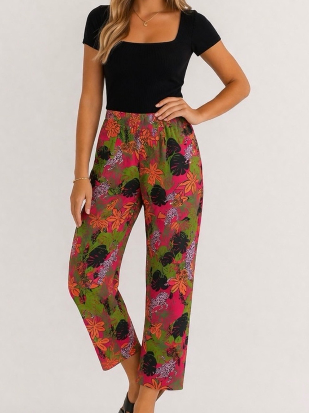 C & C California Women's Linen Tropical Print Wide Leg Jaguar Summer Pants Sz 1X - Picture 3 of 9